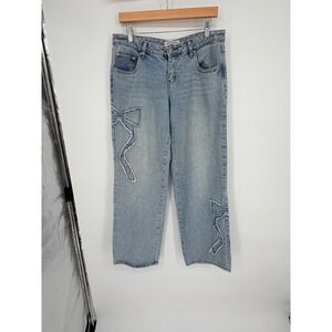 Ashley Mason Jeans 9/29 Blue Frayed Bow Applique Straight Leg Coquette Y2K Style